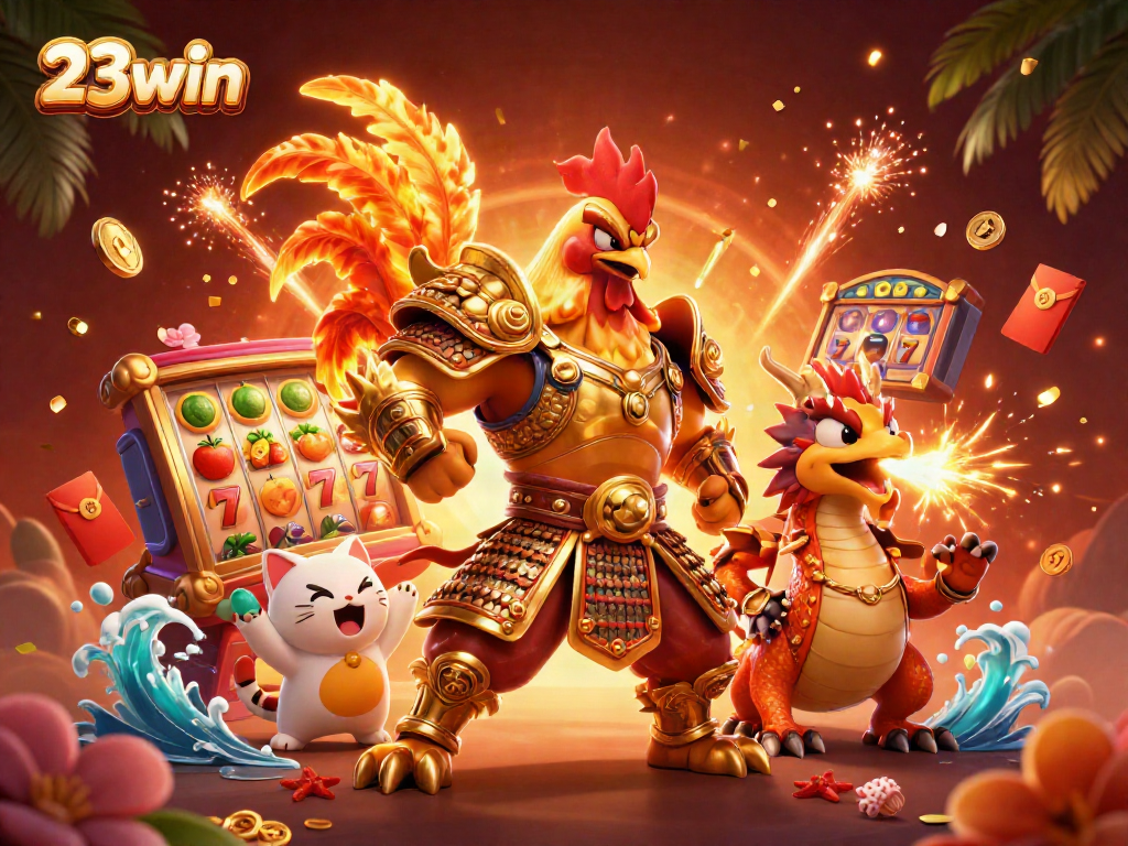 Experience the thrilling action of 23win with a unique gaming illustration featuring dynamic characters and cool gaming elements.