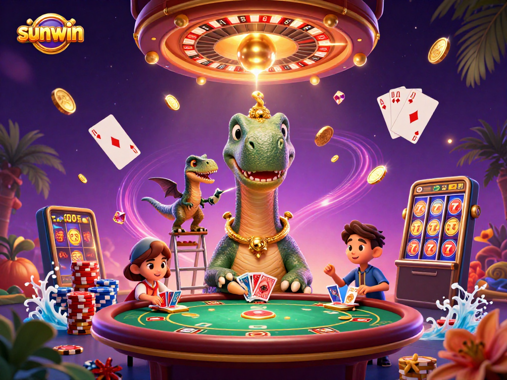 Experience thrilling gameplay with sunwin as the brontosaurus oversees a lively casino scene.