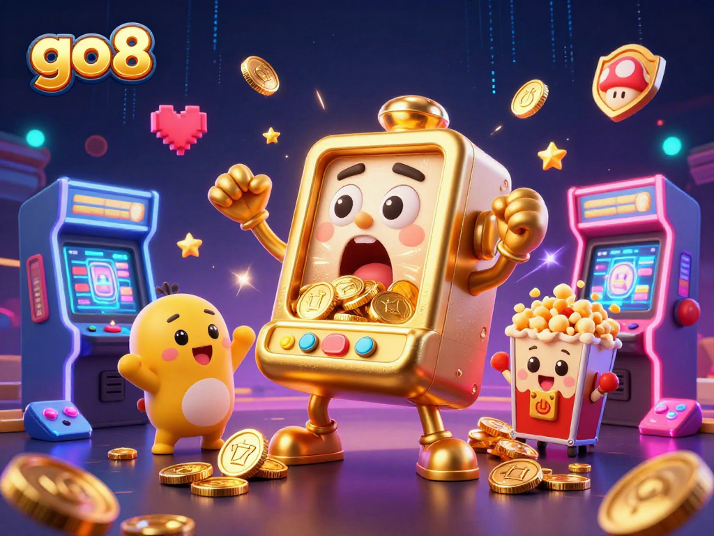 Experience thrilling wins at go8 with a dynamic 3D illustration featuring excited golden slot machines.