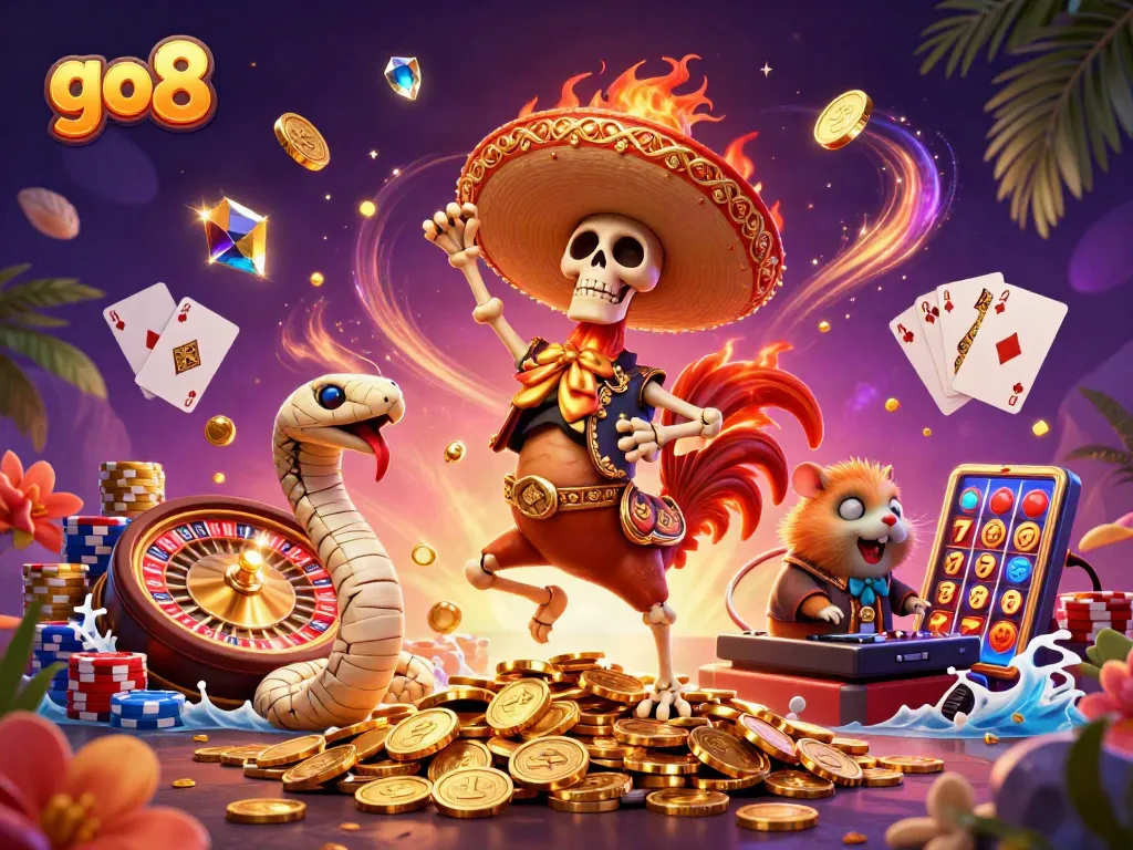 Join the go8 celebration with a vibrant scene of casino winnings and exciting gameplay.