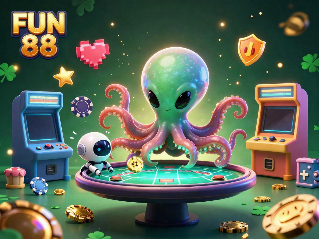 Engaging FUN 88 illustration featuring an alien octopus at a poker table with vibrant gaming elements.
