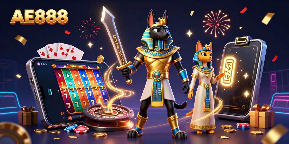 Engage with AE888's vibrant gambling world featuring Anubis and Bastet amid slot games and casino elements.