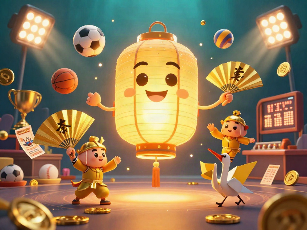 Engage with luckywin gaming elements, featuring a golden lantern spirit among sports balls in a vibrant casino scene.