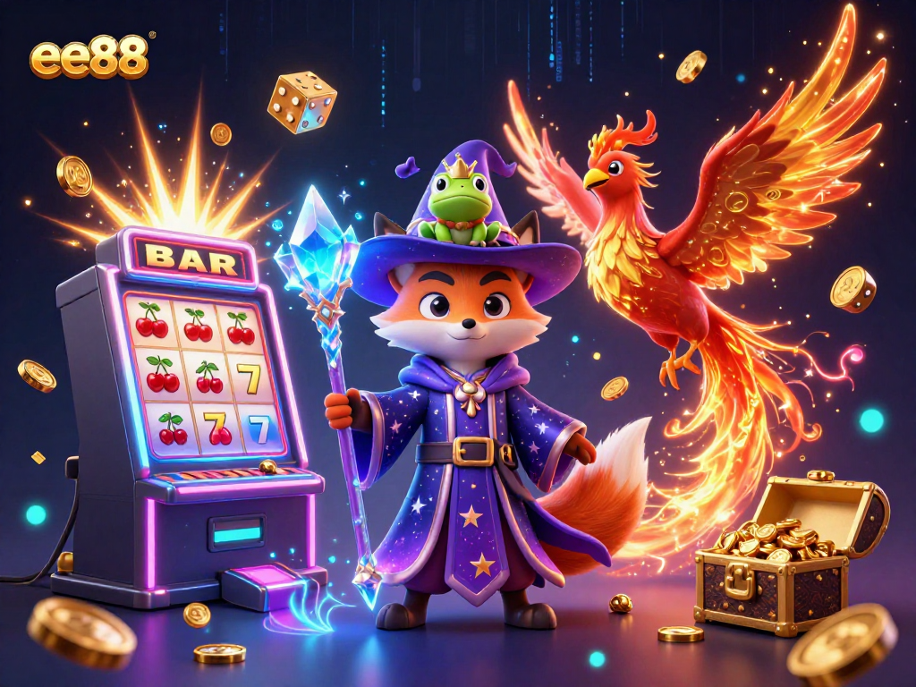 Experience the excitement of ee88 with a vibrant 3D illustration showcasing a wizard, phoenix, and casino elements bursting with energy.