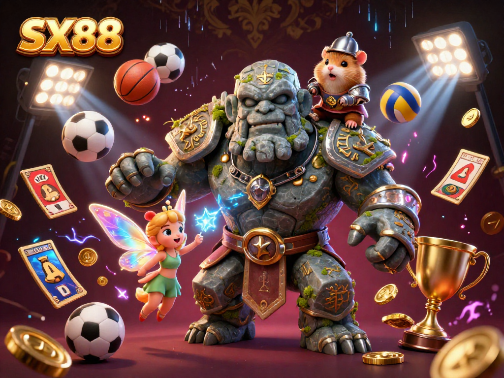 SX88 engages players with dynamic slot reels and a vibrant cartoon scene of a golem and fairy.
