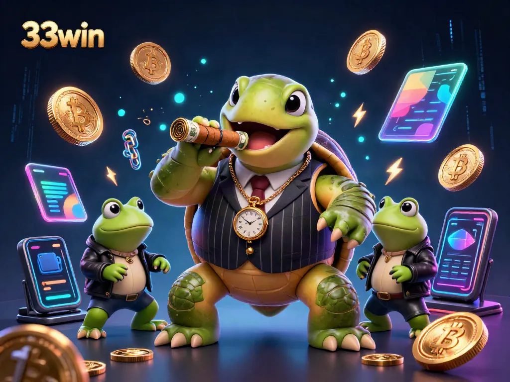 Engage with the vibrant casino chaos featuring 33win characters amidst crypto coins and gaming elements.