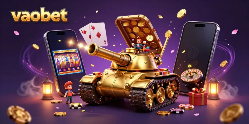 Engage with vaobet's vibrant 3D casino scene featuring interactive games and golden elements.