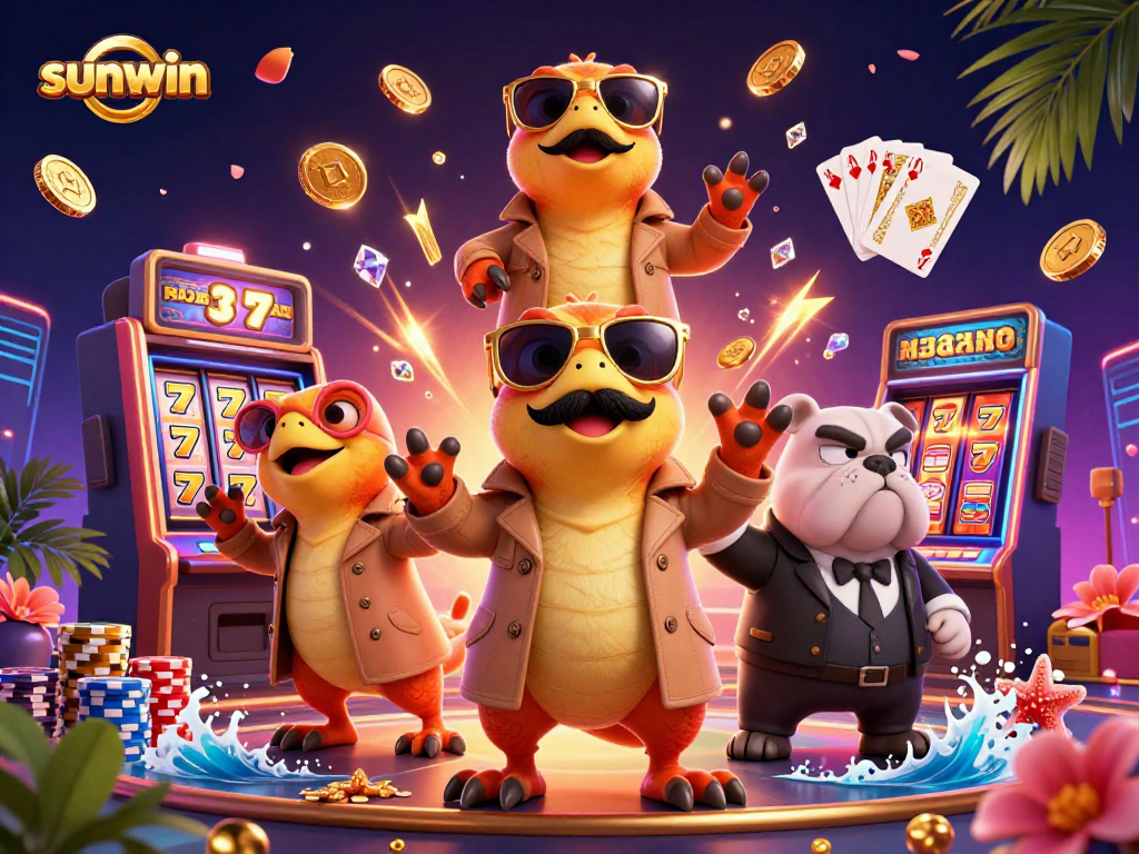 Experience sunwin slots with cartoon raptors and a bulldog bouncer in a vibrant casino scene.