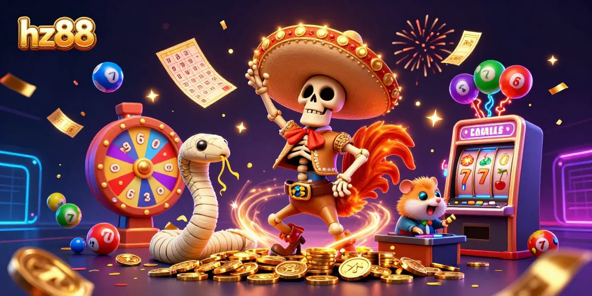 Play exciting games at hz88 with vibrant characters, slot machines, and dynamic lottery elements!