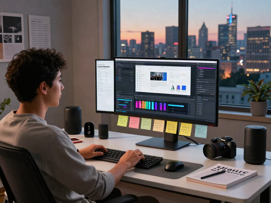 NSFW content creation workspace with modern tech, editing tools, and vibrant atmosphere
