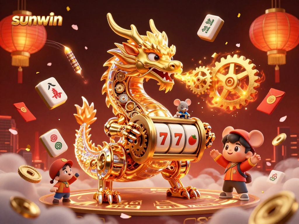 Experience exciting gameplay at sunwin with a vibrant 3D illustration showcasing a golden dragon and dynamic slot elements.