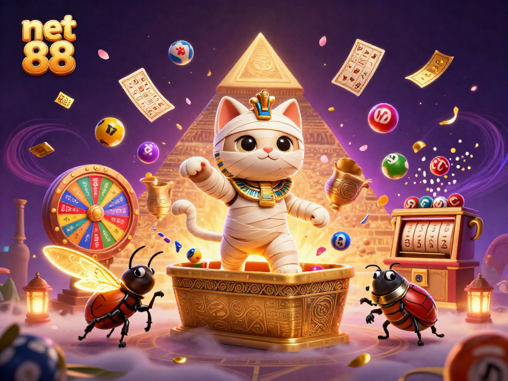 “net 88” showcases a vibrant casino scene filled with a mummy cat, scarab beetle, and lively game elements.