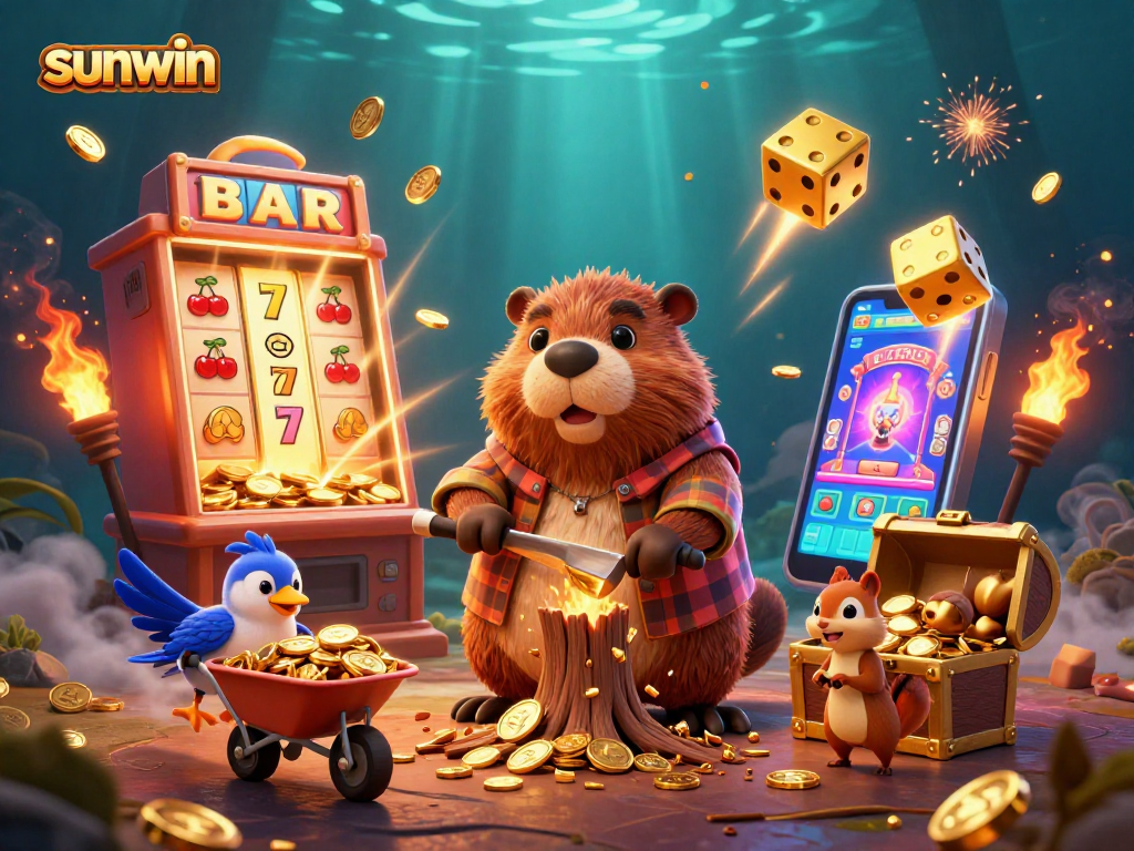 Engage with sunwin's dynamic casino scene featuring a lumberjack beaver and vibrant slot machine elements.