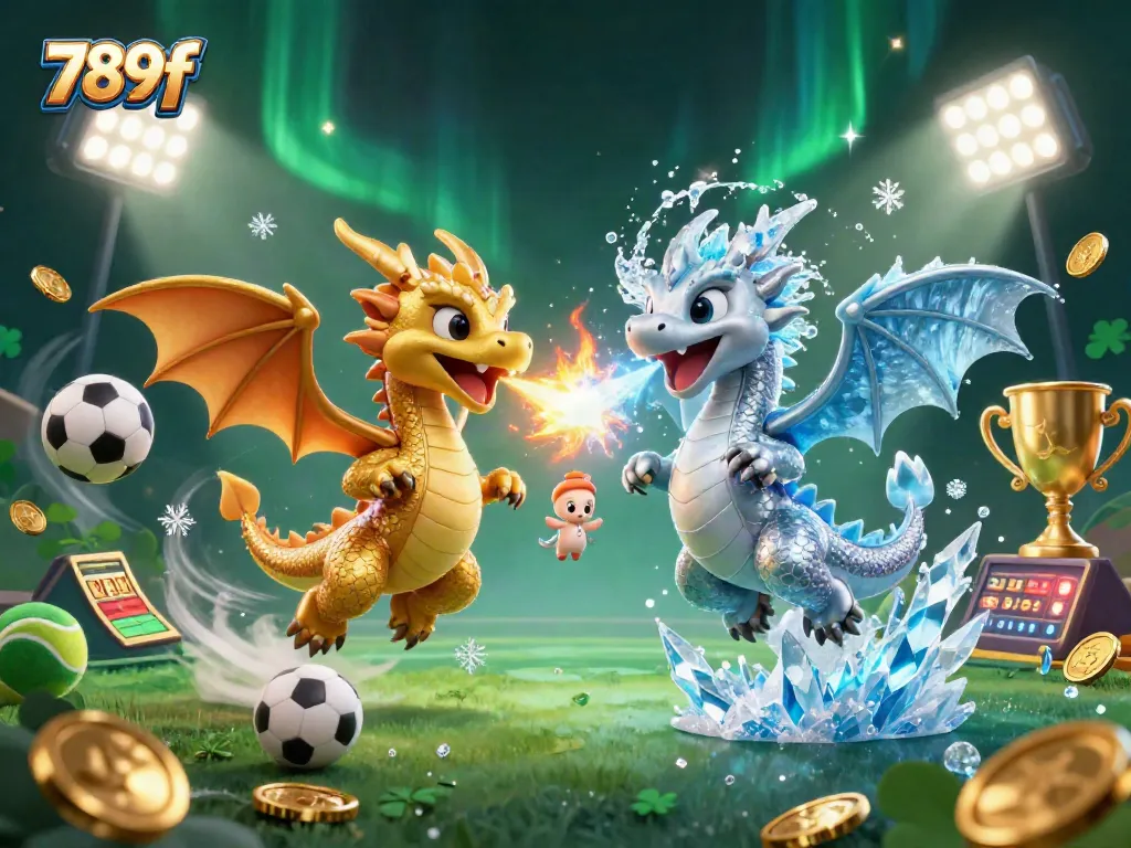 Engage with 789f's exhilarating casino experience depicted through fiery and icy twin dragons amidst vibrant game elements.