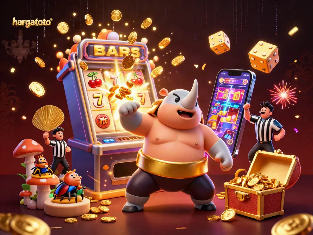 Play thrilling games at hargatoto with a vibrant jackpot scene featuring animated characters.