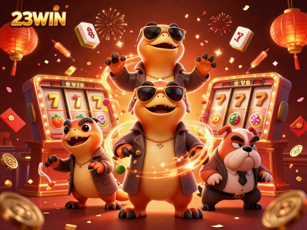 Experience excitement at 23WIN VIP lounge with cartoon raptors and festive casino elements.