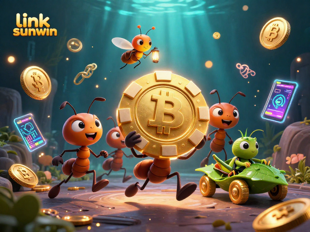 Experience the thrill of gaming with link sunwin as cartoon ants carry a giant poker chip in a vibrant 3D scene.