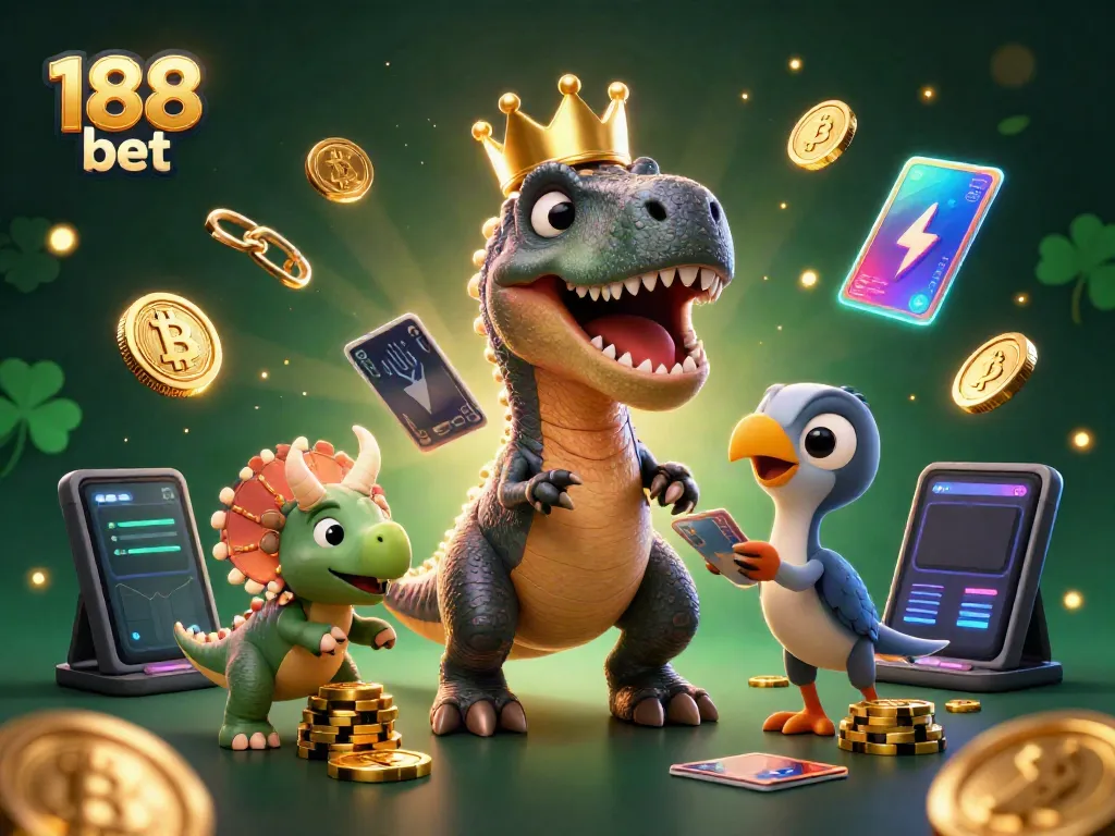 Experience thrilling gameplay at 188 bet with friendly characters, vibrant casino elements, and glowing crypto details.