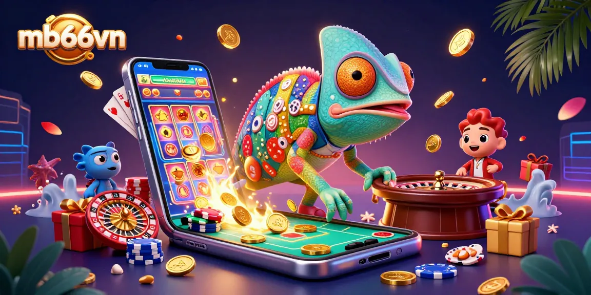 Bet at mb66vn with a chameleon casino owner interacting with vibrant gaming elements.