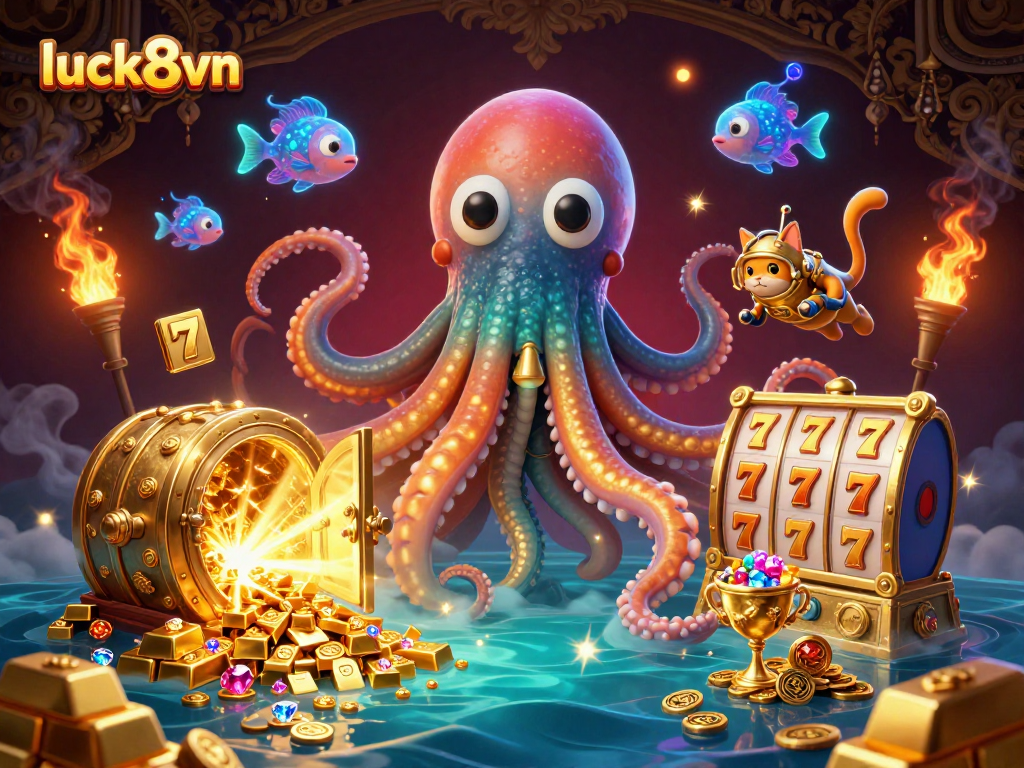 Experience thrilling moments at luck8vn with a colorful kraken, a diving cat, and treasure elements.