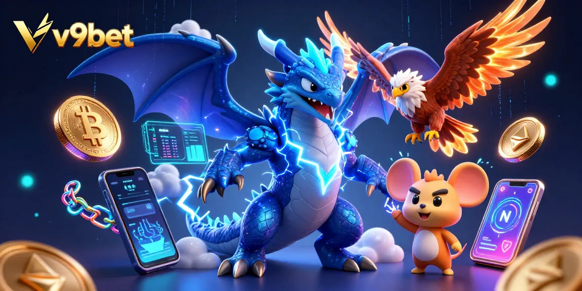 Experience the thrilling world of v9bet with electric characters and crypto gaming elements.