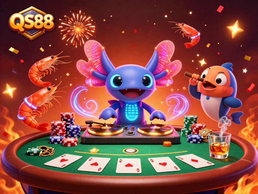 Join the excitement at QS88 with DJ axolotl spinning records and vibrant poker game elements!