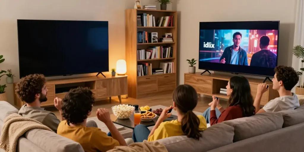 Friends enjoying a movie from idlix in a cozy living room setting.
