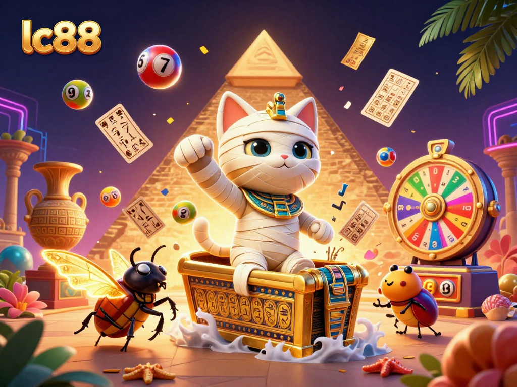 Experience the thrill of lc88 as the Egyptian mummy cat bursts from its sarcophagus amidst lottery excitement.