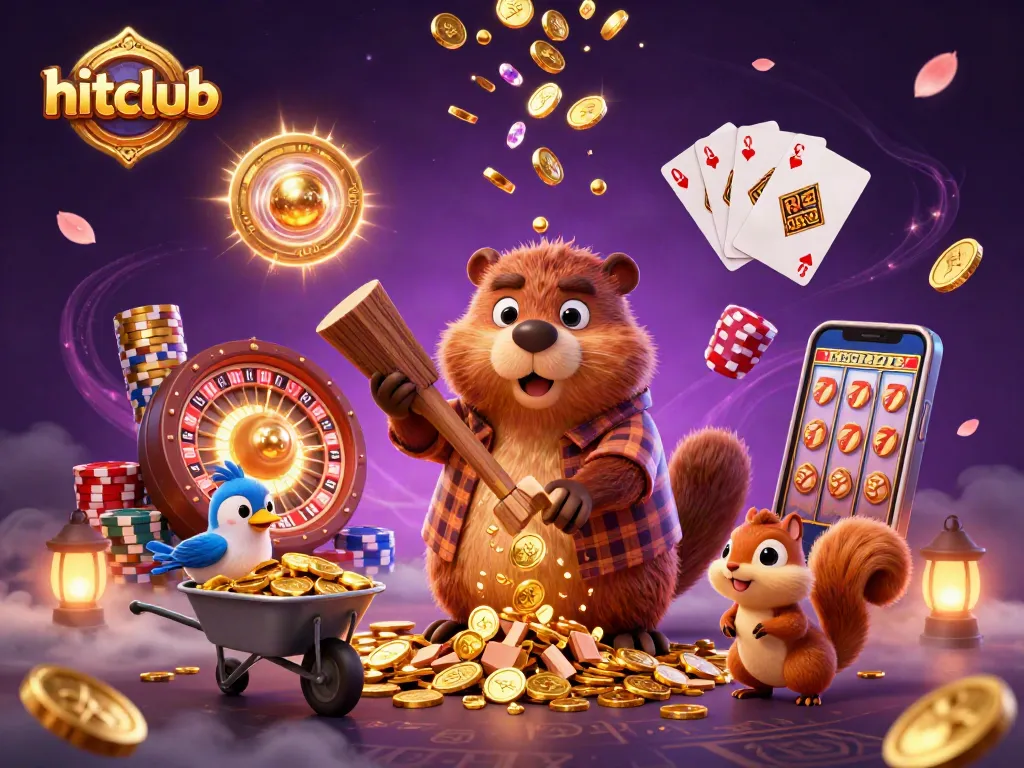 Hitclub reveals winning opportunities as a beaver, bird, and squirrel enjoy a cascade of golden coins.