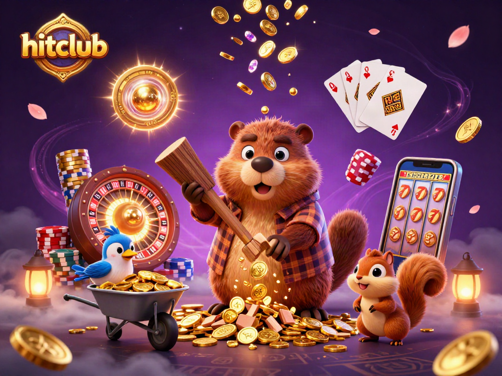 Hitclub reveals winning opportunities as a beaver, bird, and squirrel enjoy a cascade of golden coins.