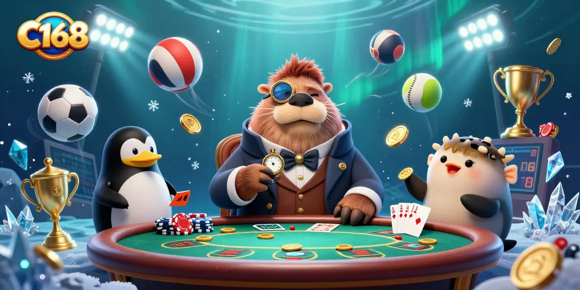 C168 captures thrilling poker action with a jolly walrus, penguin dealer, and a bluffing pufferfish.