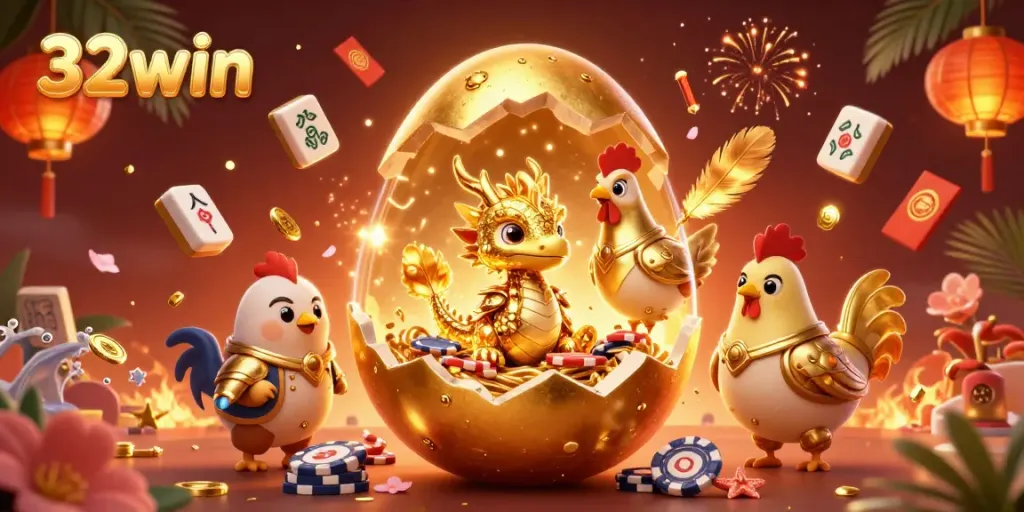Experience excitement and winning with 32win – a golden dragon amidst vibrant casino elements.