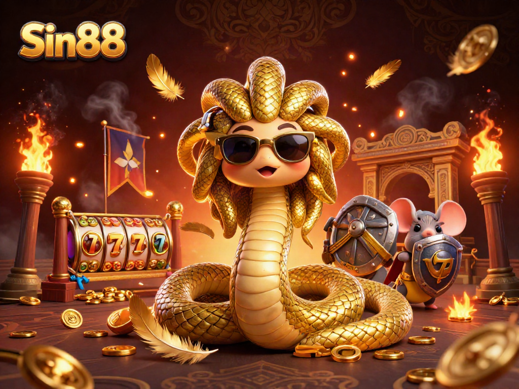 Spin and win big at Sin88 with vibrant 3D casino-themed illustration showcasing slots and golden winnings.