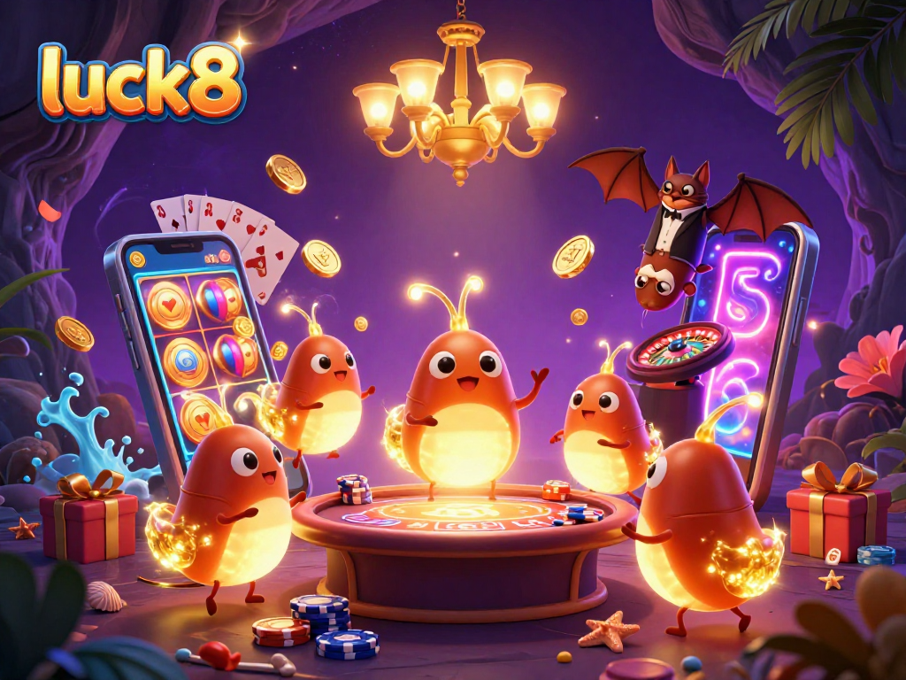 Experience the excitement of luck8, where vibrant glowworms illuminate a dynamic casino scene with games and prizes.