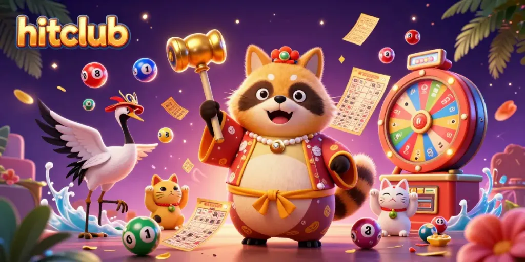 Hitclub engages players with vibrant lottery-themed fun, featuring a cheerful raccoon and luck-bringing cats.
