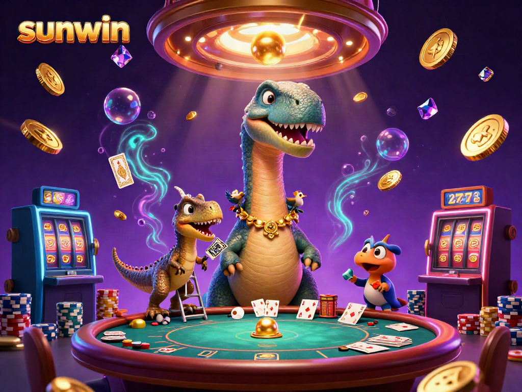 Enjoy the thrill of playing at Sunwin with a dazzling, vibrant casino scene featuring animated characters and gems.