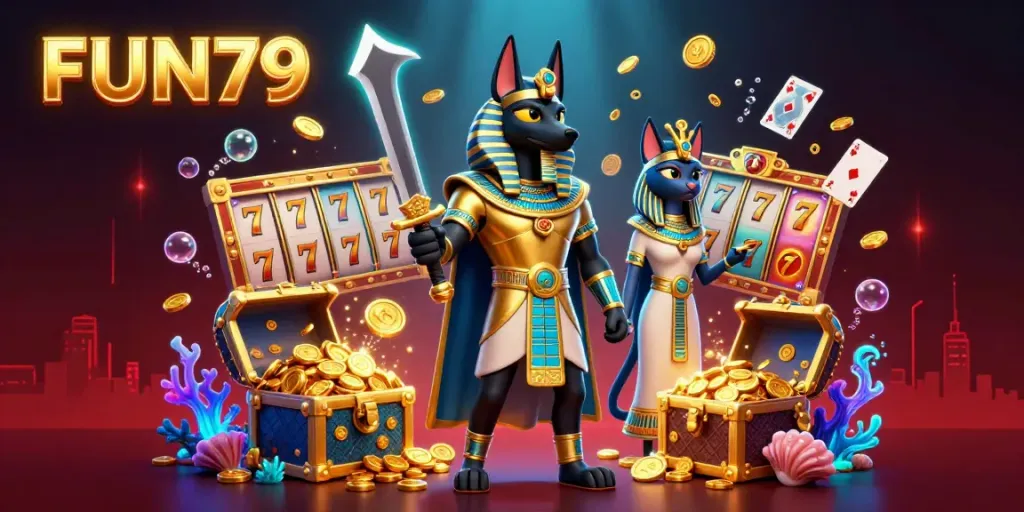 Experience the excitement of FUN79 with an enchanting illustration showing Anubis and Bastet amidst vibrant casino themes.