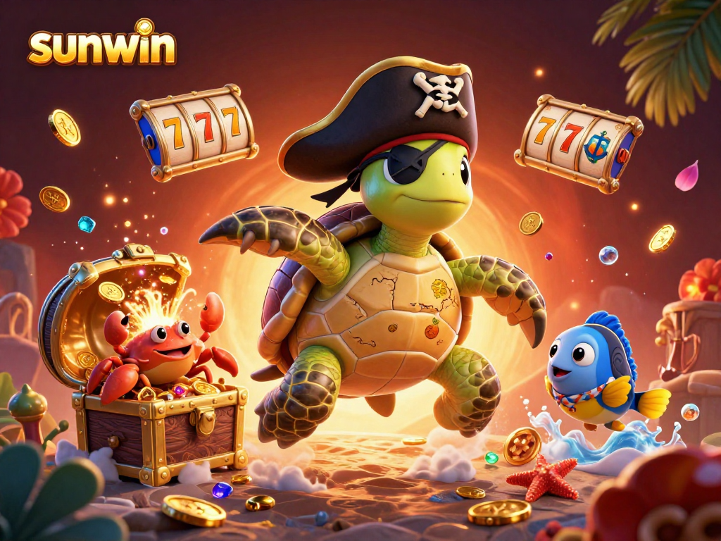 Play and win with sunwin's interactive slots featuring a pirate turtle and treasure!