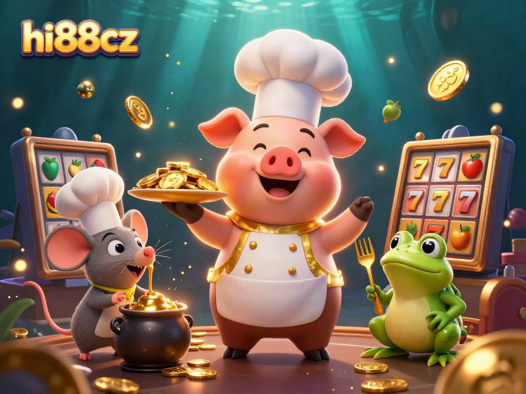 hi88cz showcases a vibrant casino scene with a gourmet pig chef, highlighting thrilling jackpot elements and excitement.