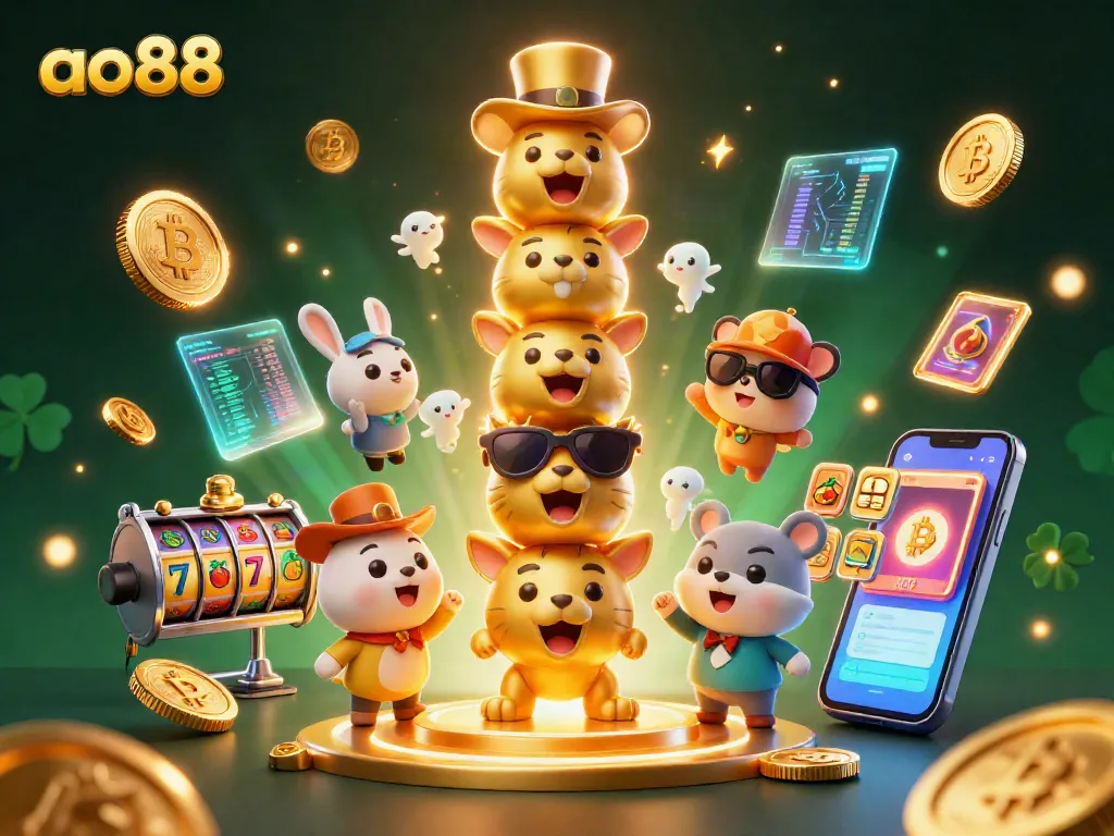 Spin to win with ao88 on this vibrant 3D casino illustration featuring dynamic slot reels and crypto elements.