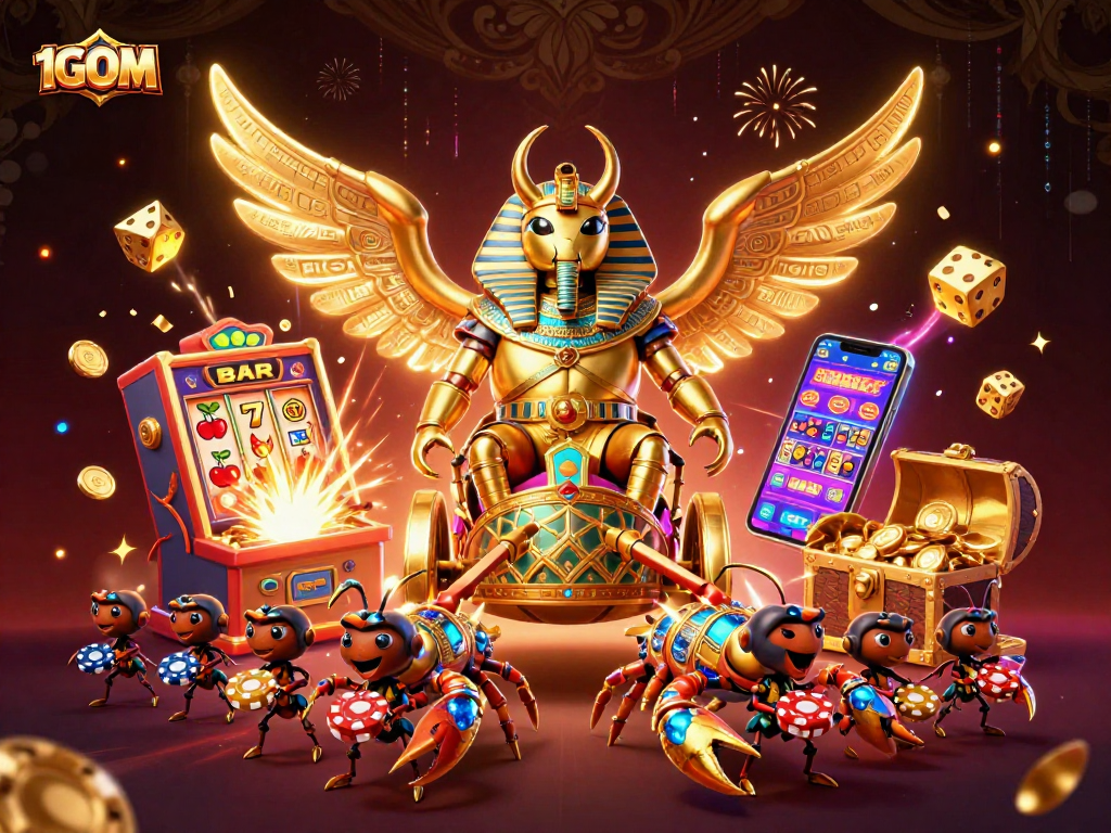 Experience thrilling moments with 1GOM's colossal golden scarab beetle chariot and jackpot explosion.