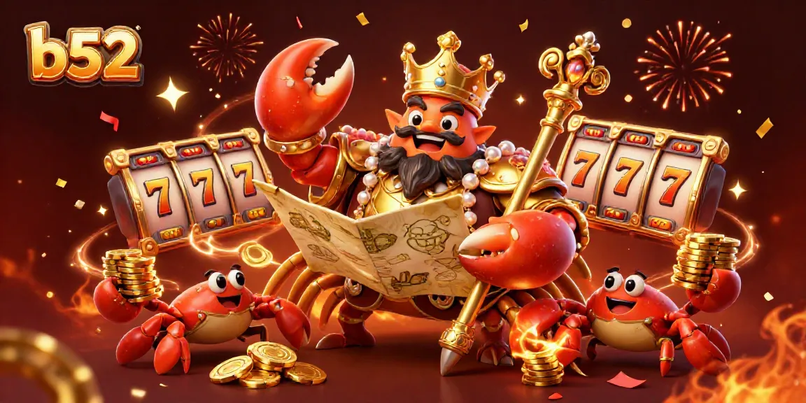 Experience thrilling gameplay at b52 with a vibrant illustration of a golden crab emperor amidst slot reels and festive elements.
