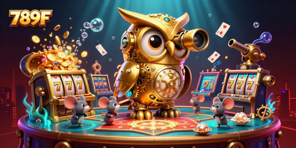 Engage in thrilling slots action at 789F with a vibrant casino illustration showcasing an amazing owl and mice!