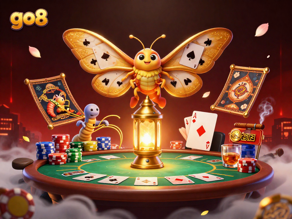 Join the thrilling experience at go8, where a moth symbolizes luck amid a lavish casino scene.