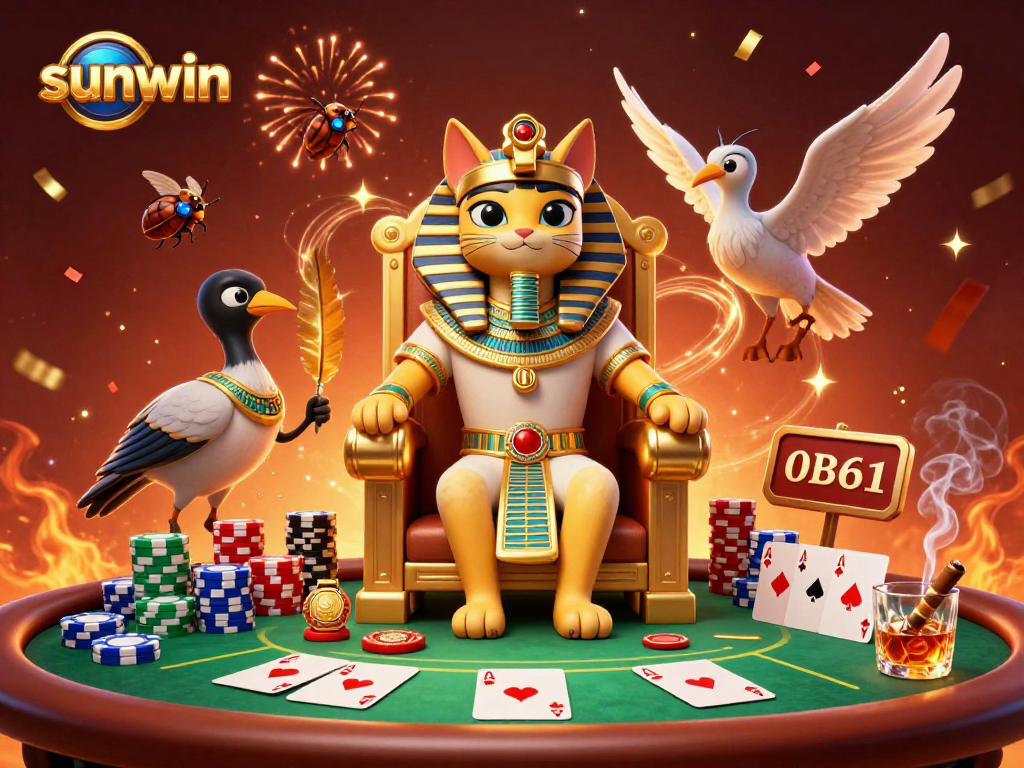 Join the sunwin gaming experience with a vibrant poker scene featuring a pharaoh cat and rich decorations.