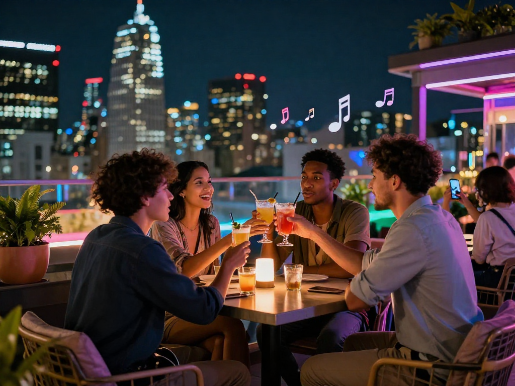 Diverse group celebrating nightlife with drinks at a rooftop bar in urban setting, highlighting nsfw culture and vibrant social interactions.