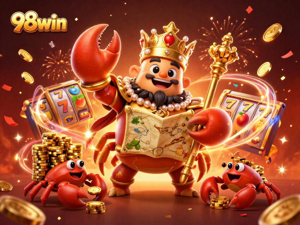 Join the excitement at 98win with a golden crab emperor amidst vibrant casino symbols and treasures.