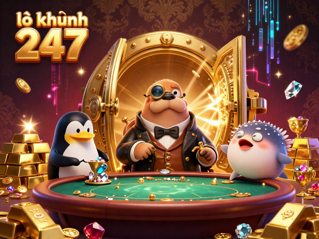 Experience the thrill of lô khung 247 with a jolly walrus and penguin dealer at an underwater poker table.