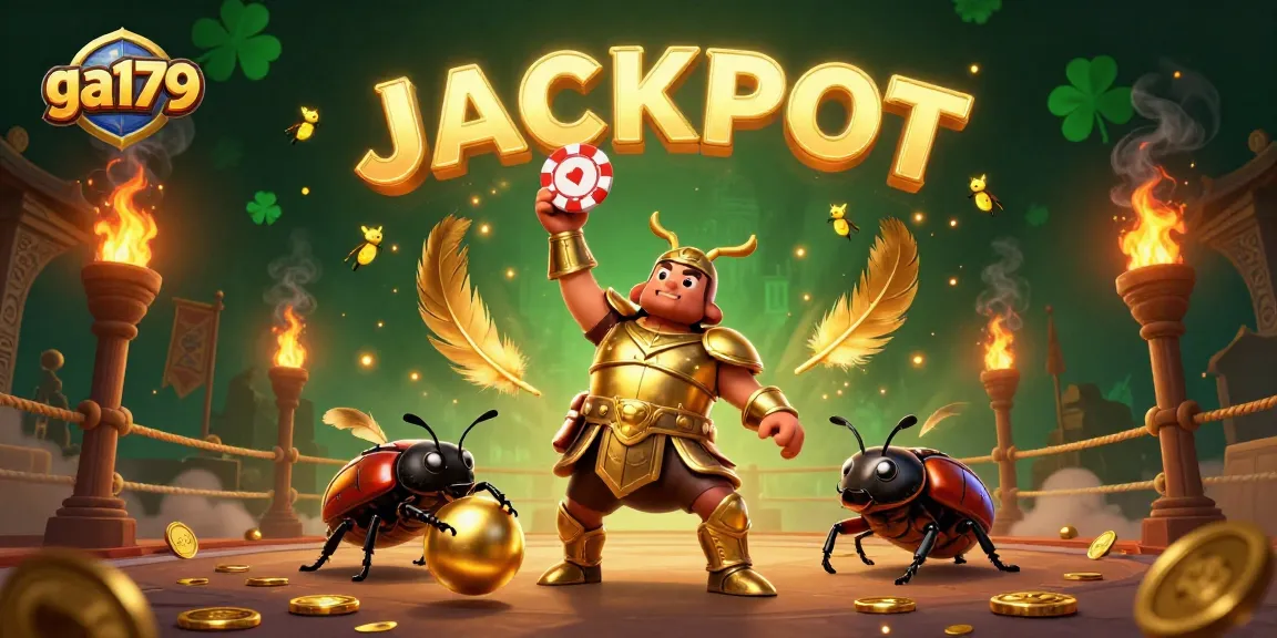 Engage with ga179's thrilling arena as a beetle hero lifts a poker chip in victory among gold coins and fireflies.