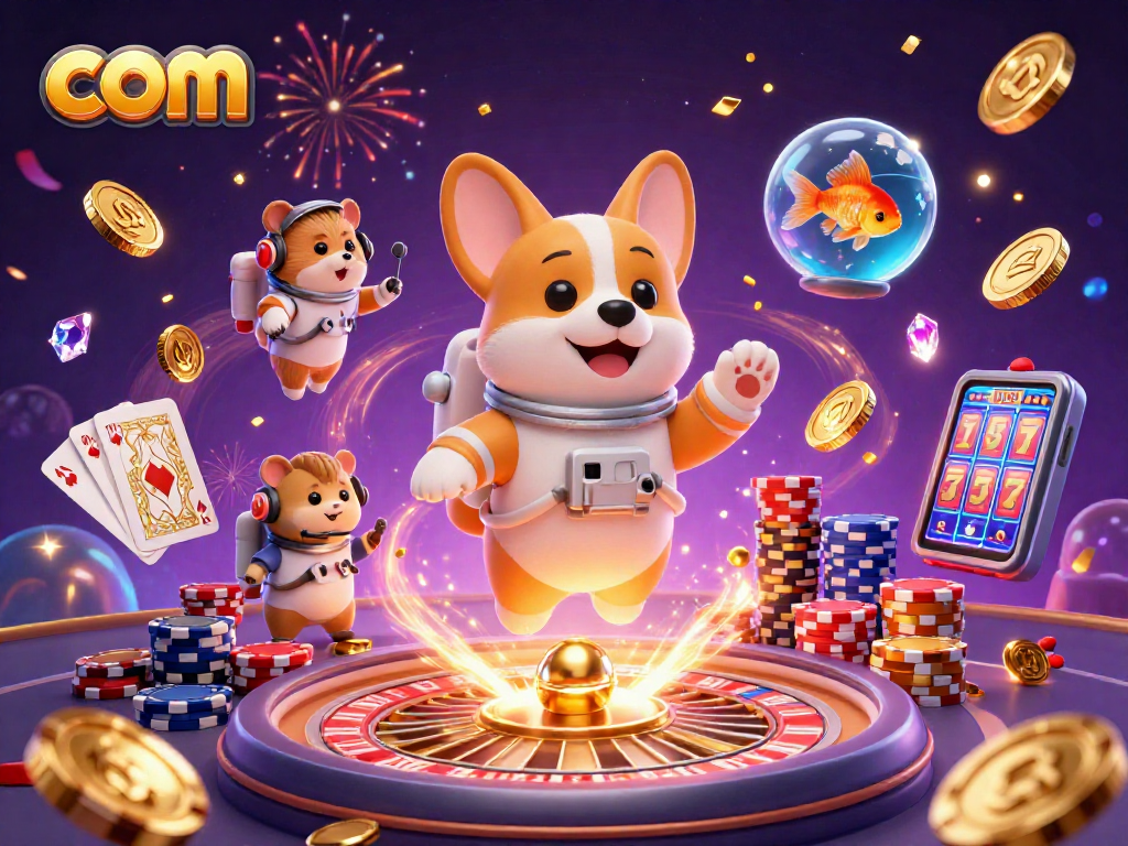 Experience the excitement at com with a vibrant space casino scene, featuring a corgi astronaut and drifting poker chips.